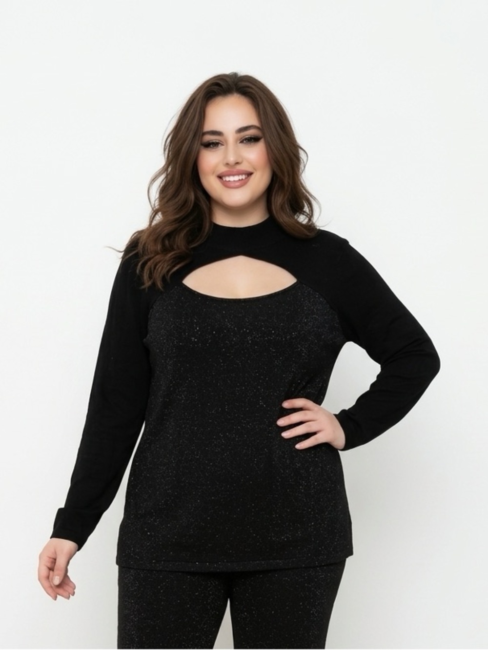 Michel Studio Black Long Sleeve Top | 3X |  Sparkle Cutout